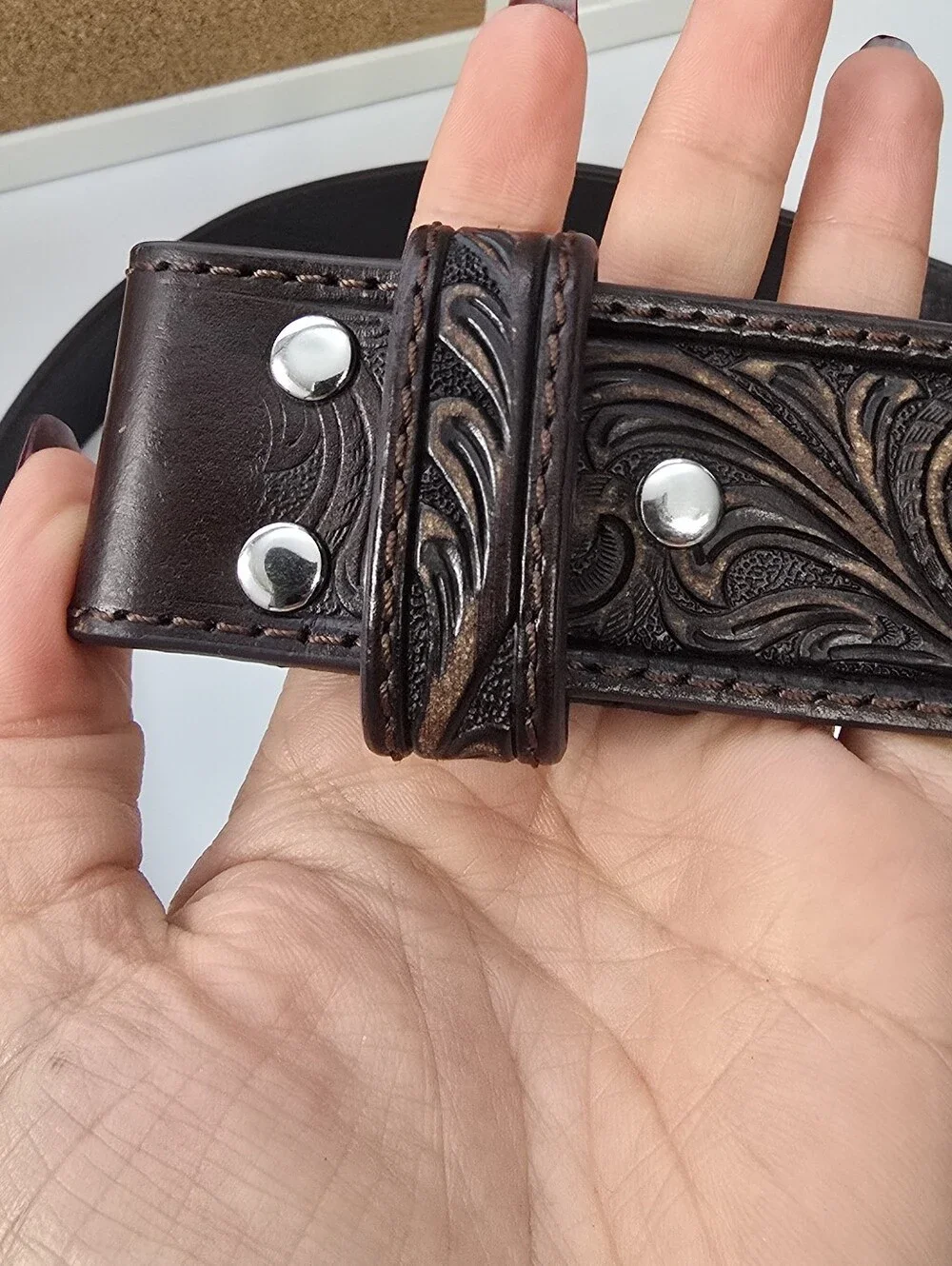 Nocona Tooled Dark Brown Leather Belt with Cross Motif